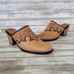 Sonora Western Genuine Leather Tooled Slip On Mule Clog Boots Women's 7.5 Tan
